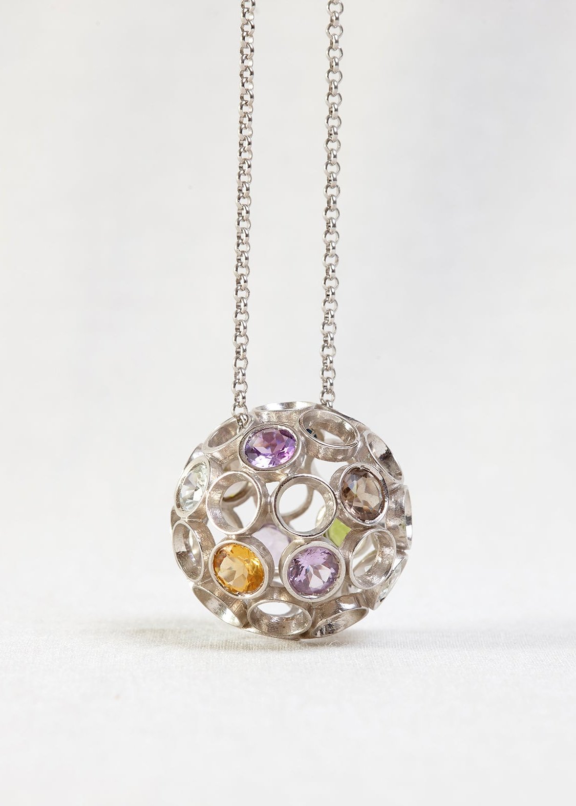 Sautoir Necklace made with Rhodium plated Sterling Silver and a mix of precious stones