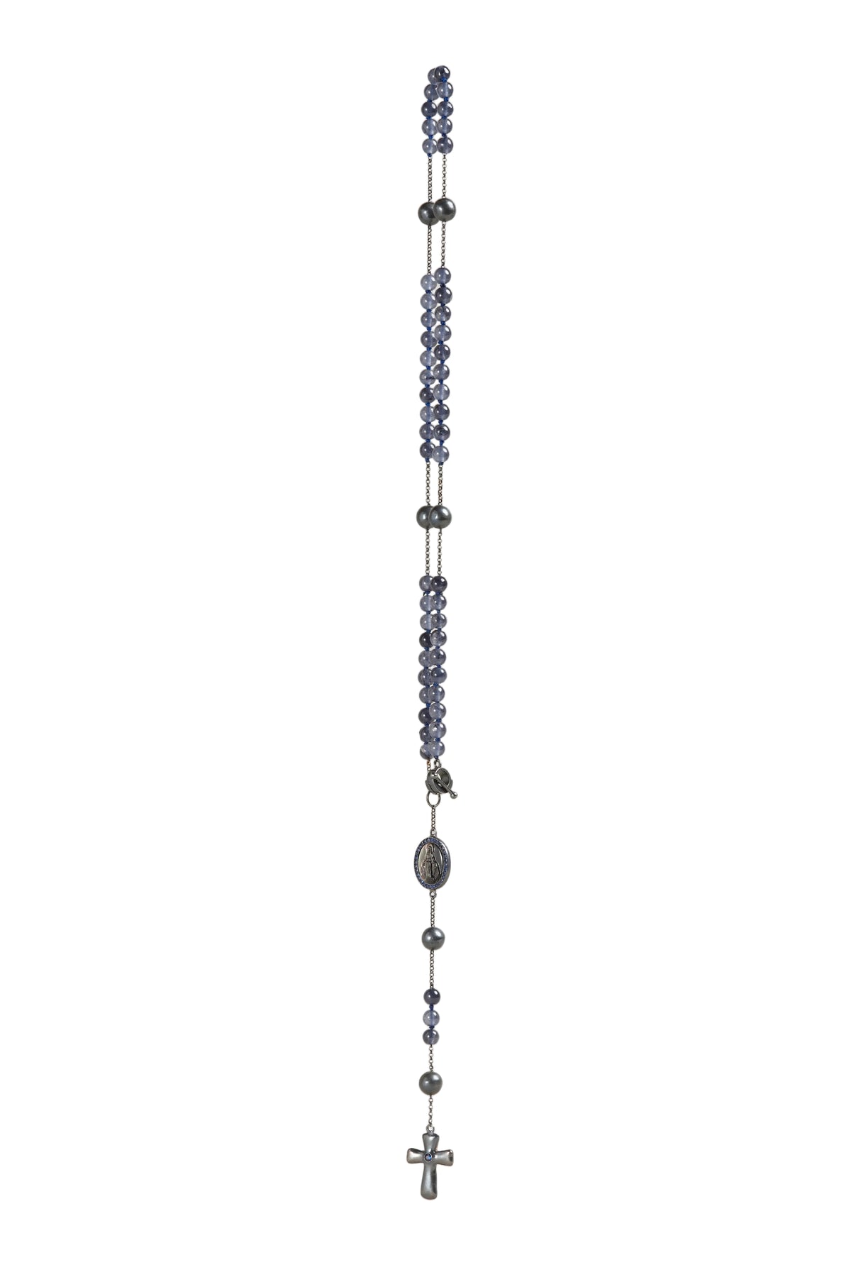 Rosary with blue beads and a cross on a light gray background