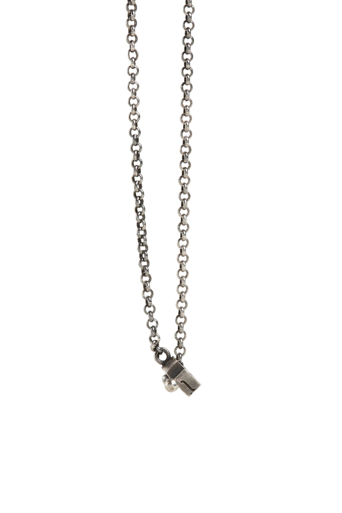 Silver chain necklace with a small pendant on a light gray background