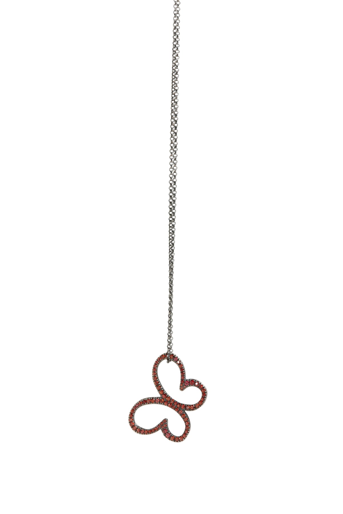 Butterfly-shaped pendant on a chain against a light background