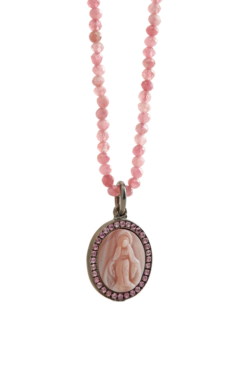Necklace with pink beads and a pendant featuring a religious icon on a white background