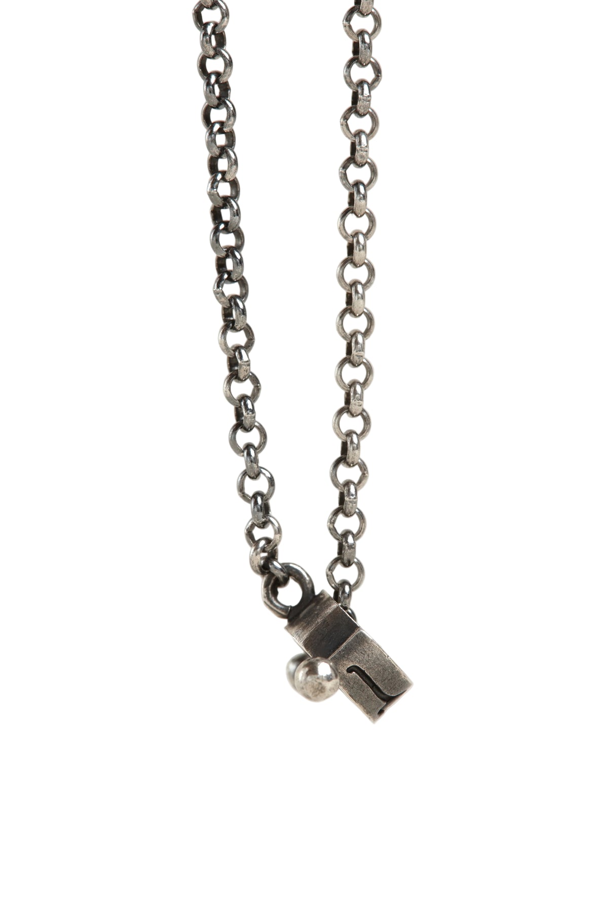 Silver necklace with a lock-shaped pendant on a light gray background