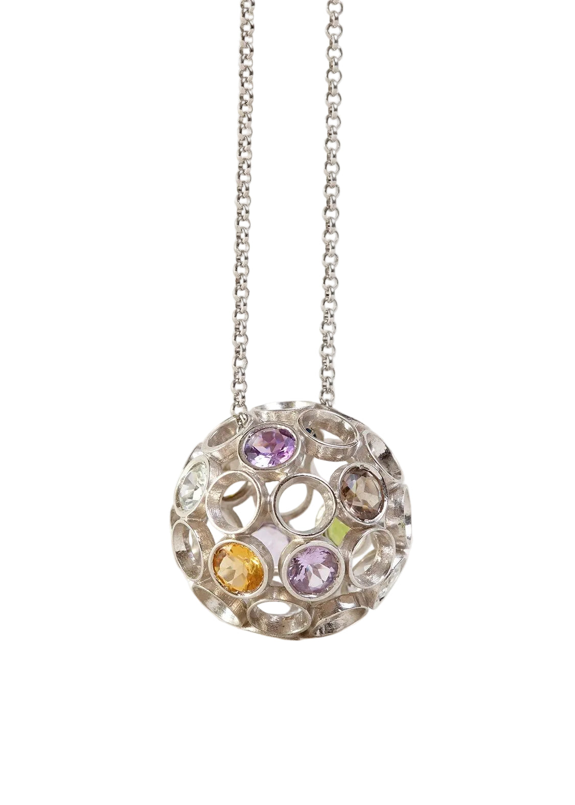 Sautoir Necklace made with Rhodium plated Sterling Silver and a mix of precious stones