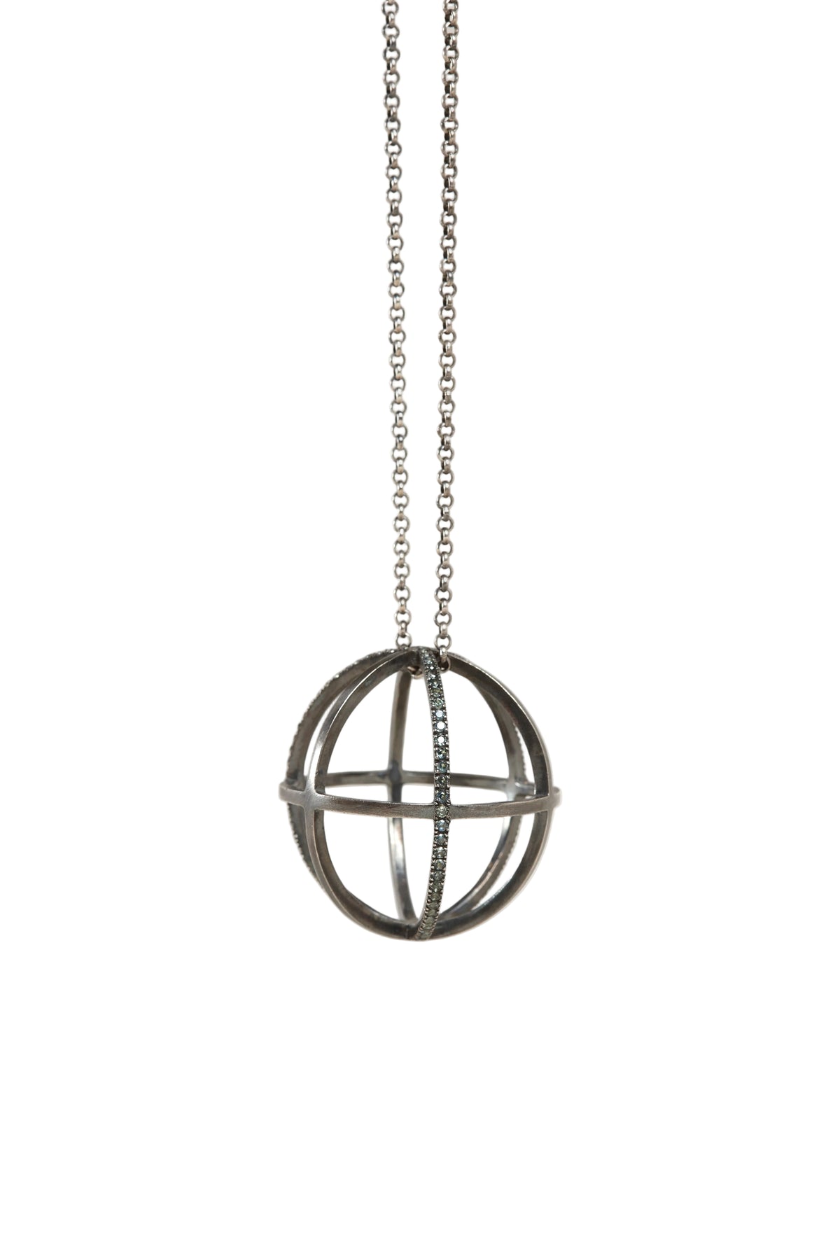Decorative metal sphere pendant on a chain against a white background