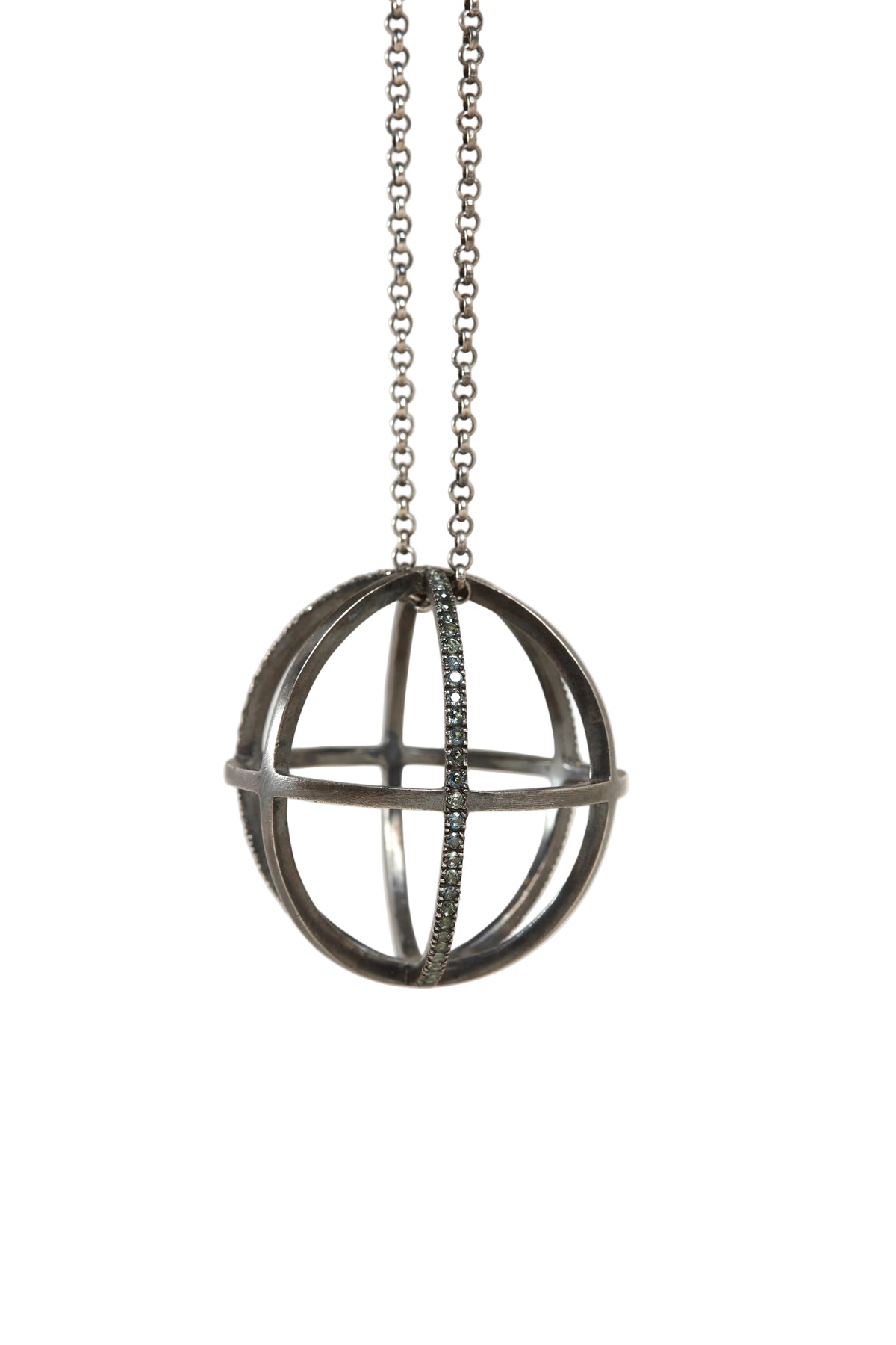 Metallic spherical pendant on a chain against a light gray background